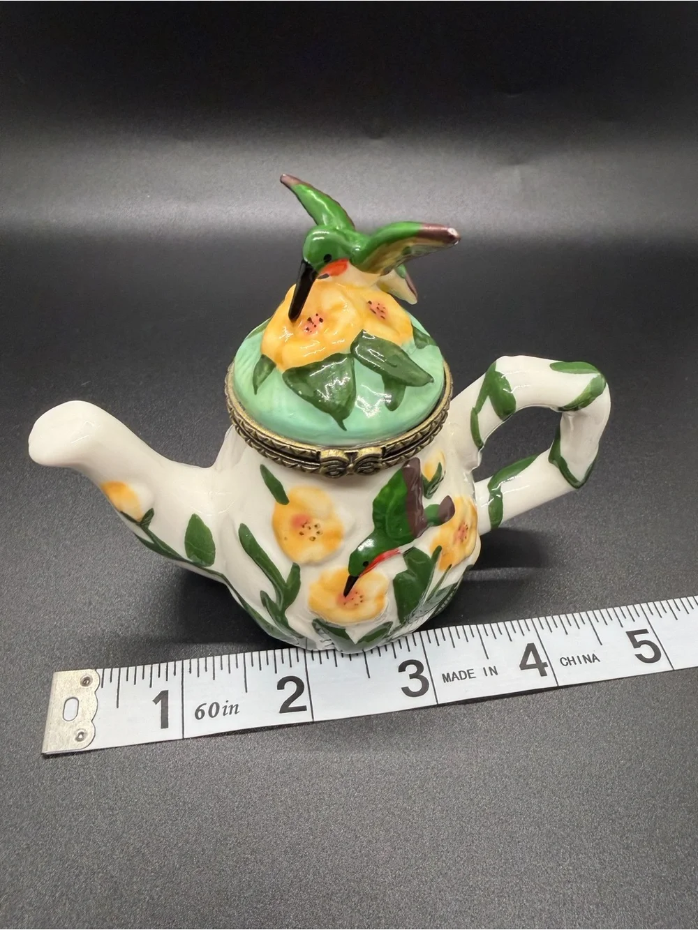 Hand-Painted Ceramic hummingbird and flower teapot trinket box